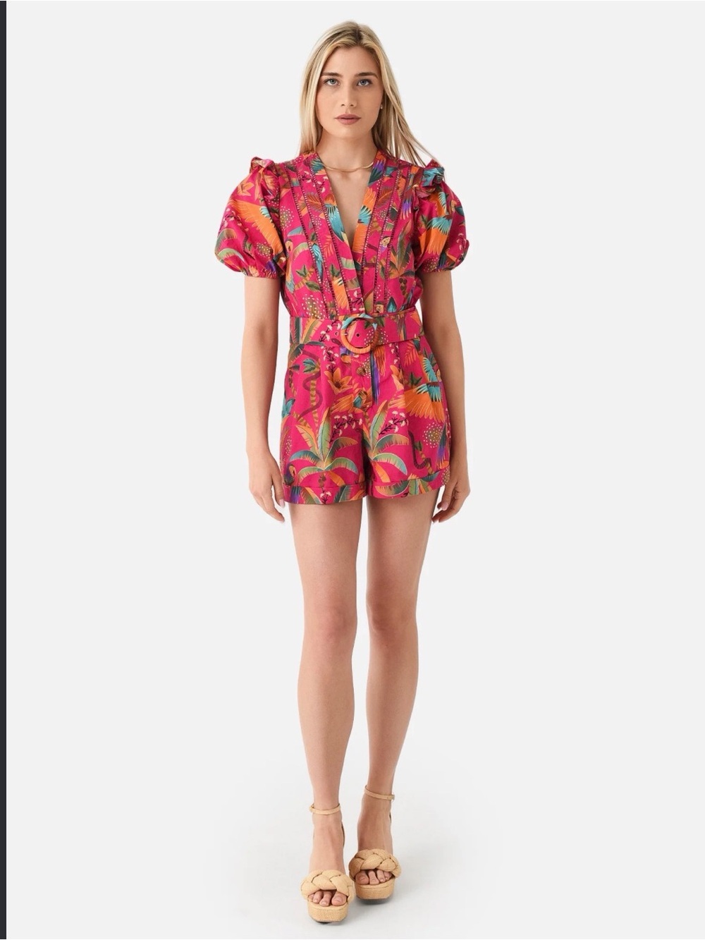FARM RIO Bright Pink Tropical-Print Kids One-Piece Romper with Belt